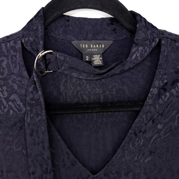 Ted Baker Satin Blouse Size 2 Dark Leopard Long Sleeve Jacquard Top Choker Neck - Picture 4 of 13